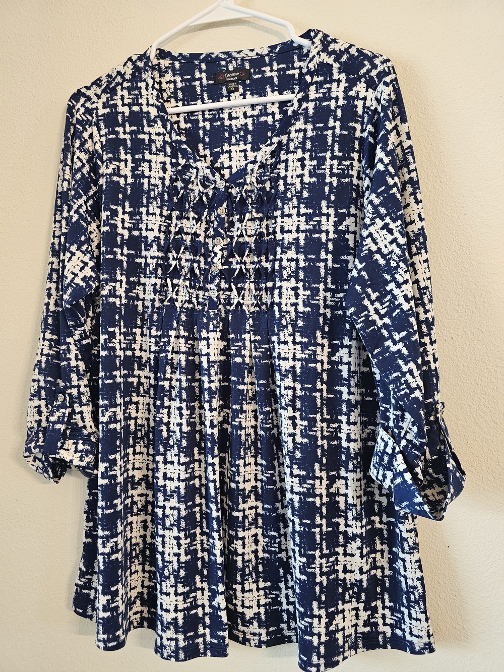 Cocomo Navy & White Printed Smocked Peasant Blouse
